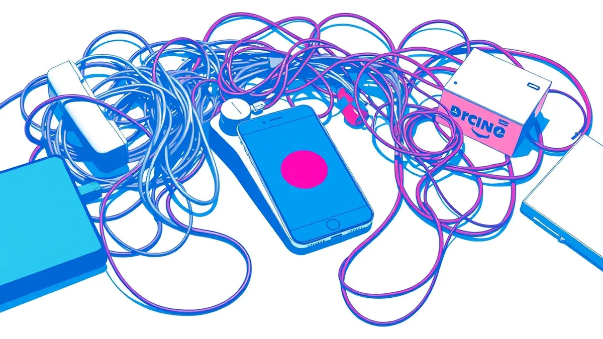 Illustration: A tangled mass of old telephone cords snarls around a pristine, modern smartphone resting on a clean white desk.