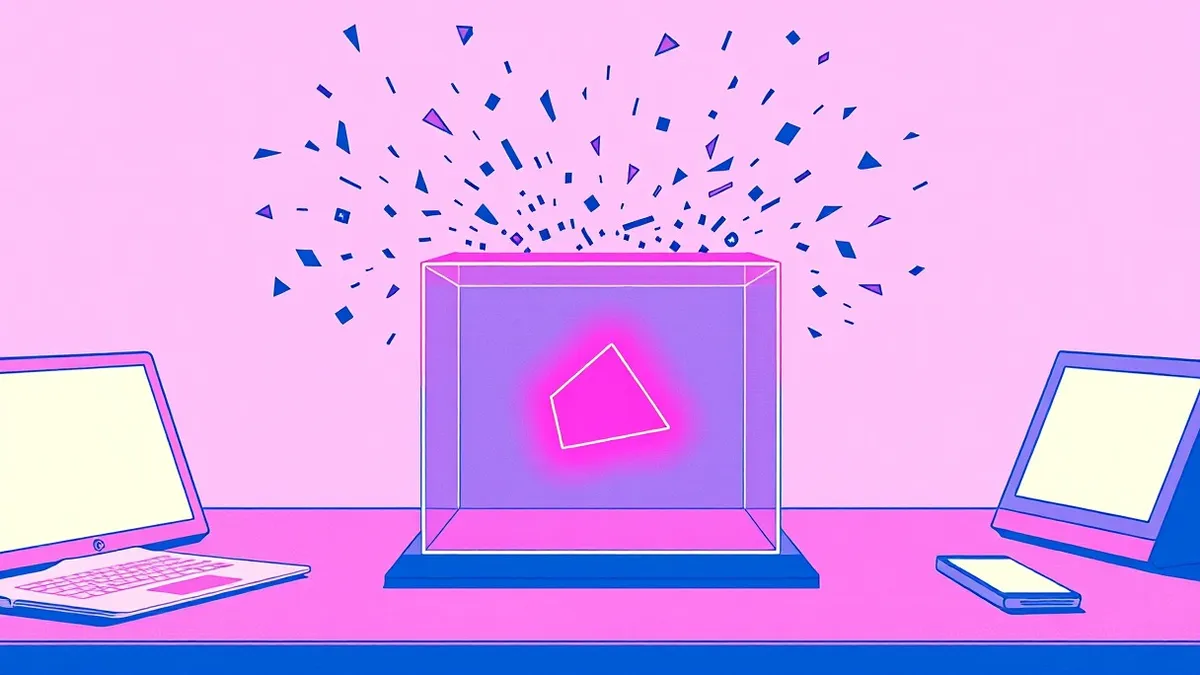 Illustration: A transparent glass box sits on a polished desk, containing only a few neatly arranged, glowing geometric shapes.