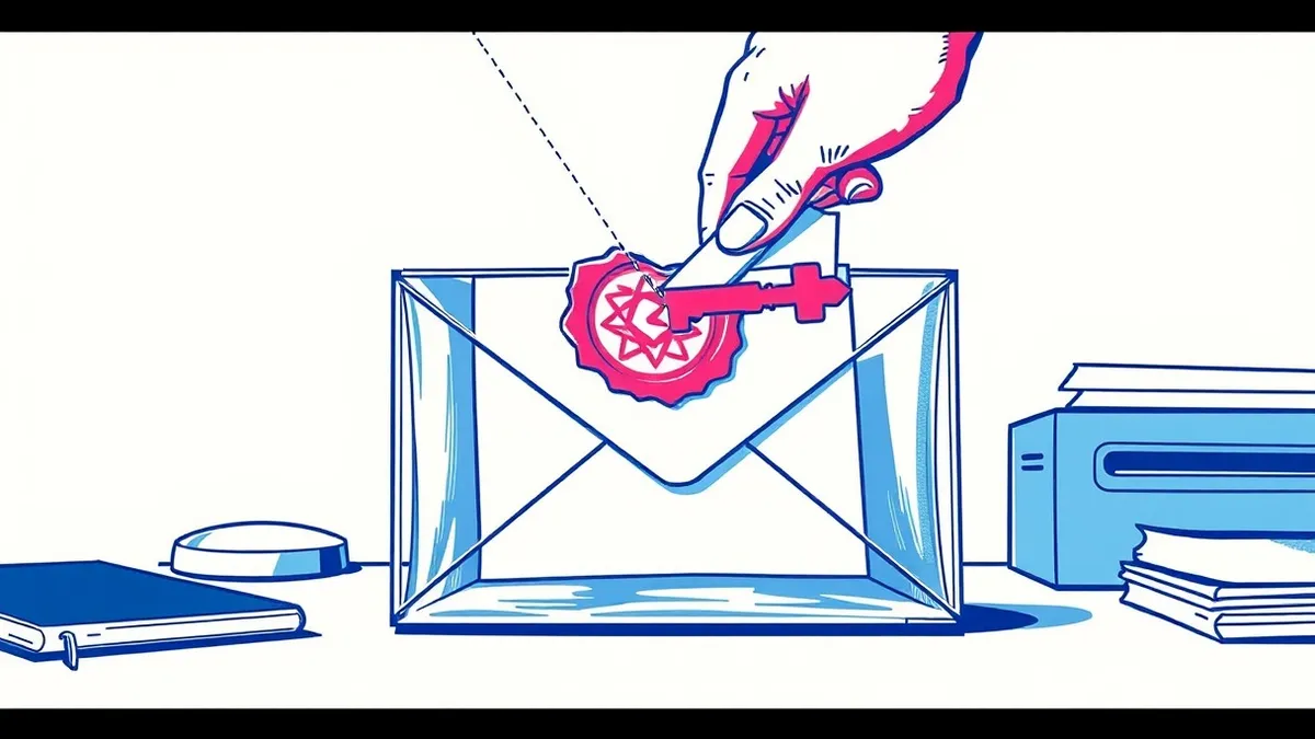 Illustration: A transparent glass envelope sits on a clean desk, sealed with a bright red wax stamp that holds a complex geometric key.