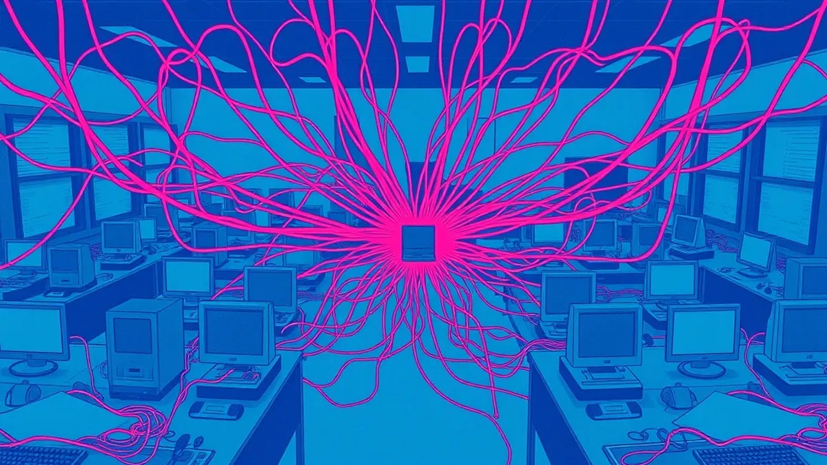 Illustration: A tangled web of invisible red threads connects dozens of generic smartphones and desktop computers to a single central hub.
