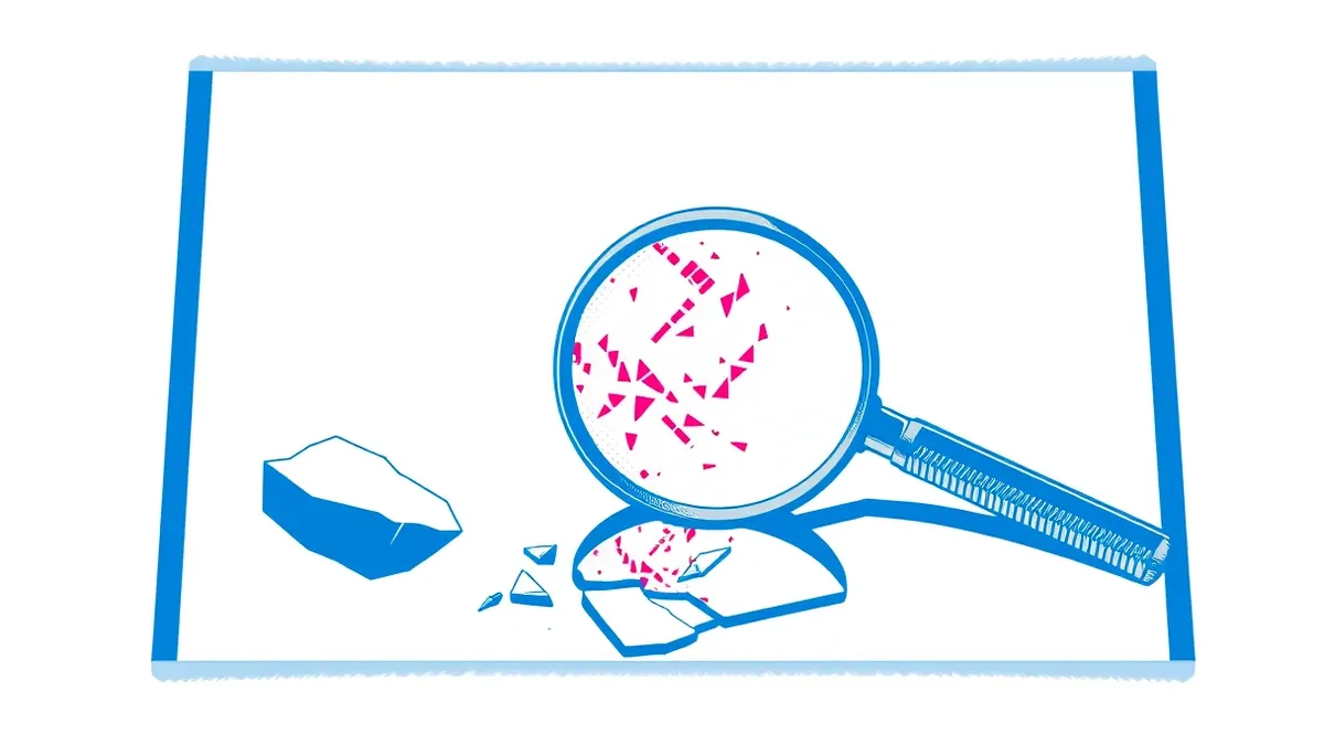 Illustration: A magnifying glass hovers over a blank white surface, enlarging faint, abstract geometric patterns resembling digital artifacts.