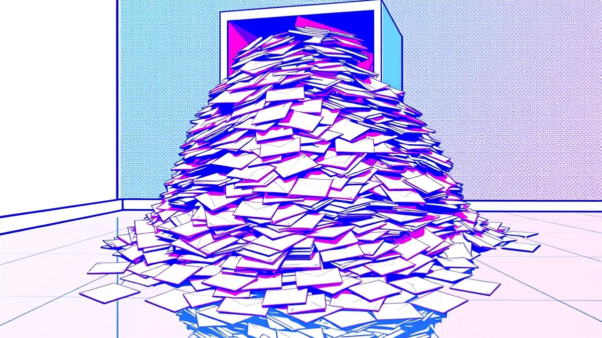 Illustration: A towering stack of blank white envelopes spills from an overturned filing cabinet onto a polished office floor.