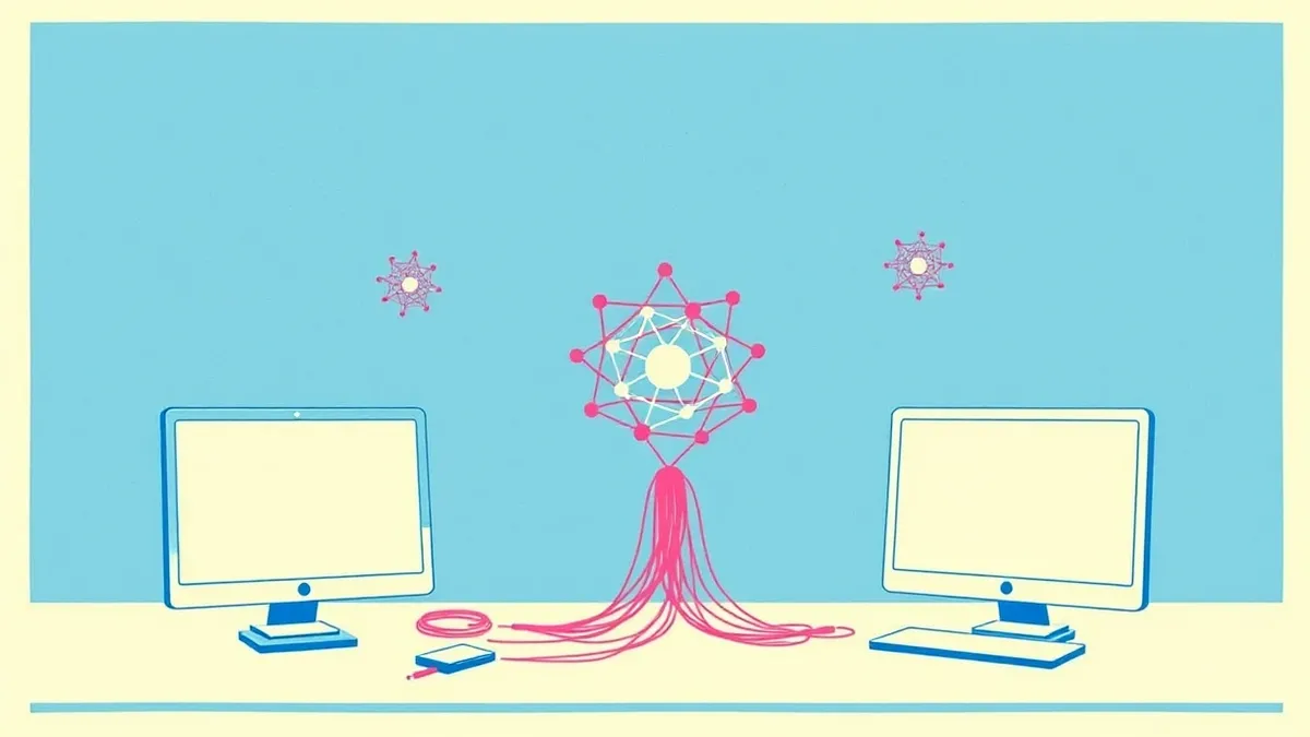 Illustration: A tangled web of thin colored threads connects three separate geometric clusters representing network, endpoint, and identity data.