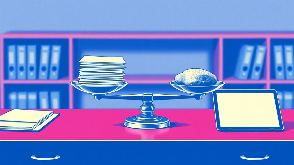 Illustration: A balanced scale rests on a polished wooden desk.