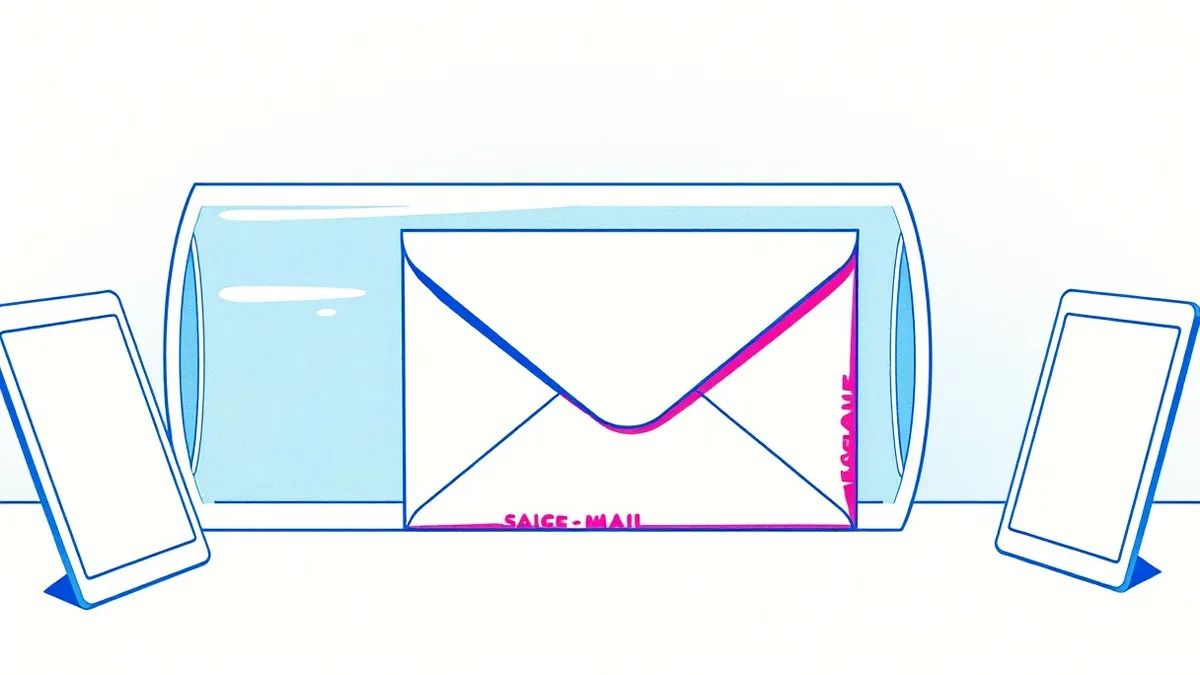Illustration: A thick opaque envelope slides through a transparent glass tube, hiding its contents from view while clearly displaying the sender and recipient locations on the outs