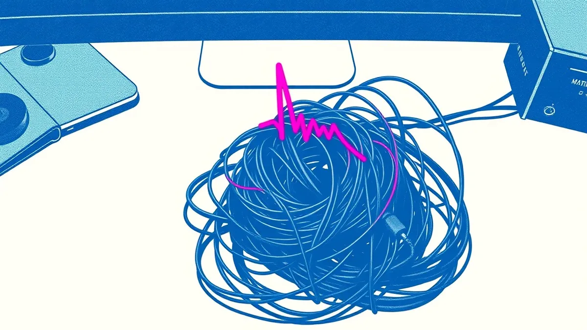 Illustration: A tangled knot of thin, dark cables sits on a plain desk, with one strand subtly pulsing in rhythm like a heartbeat.