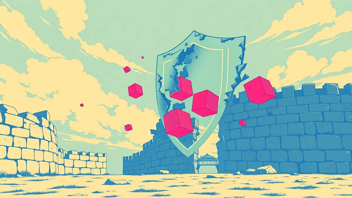 Illustration: A translucent shield fractures as glowing data cubes drift freely through an open sky, bypassing a crumbling stone wall.