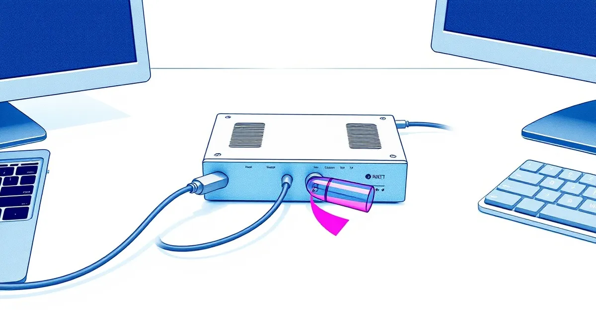 Illustration: A sleek silver hardware security module sits on a clean white desk, connected by two thin gray cables.