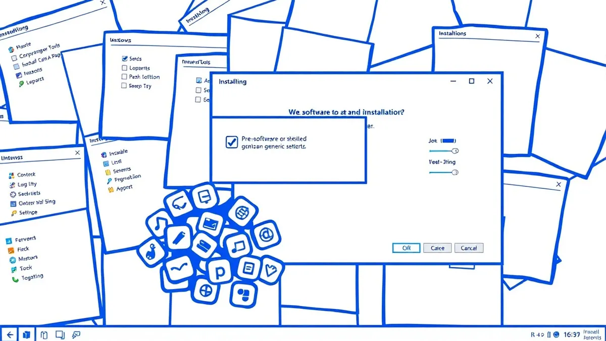 Illustration: A cluttered desktop screen displays numerous overlapping installation windows.