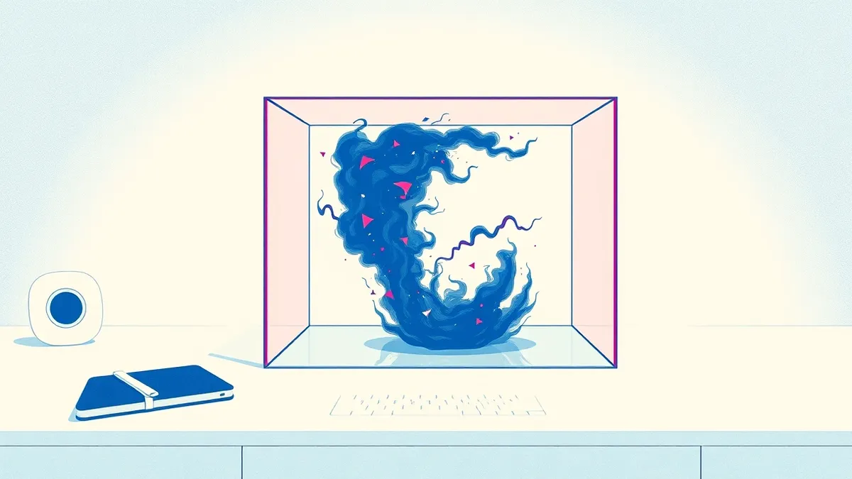 Illustration: A transparent glass box sits on a clean white desk, containing a swirling cloud of dark, jagged static that cannot escape the walls.