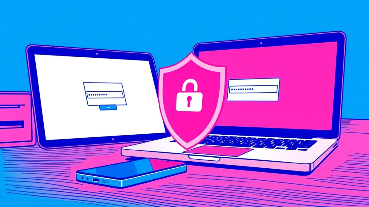Illustration: A smartphone rests on a desk beside a laptop displaying a blank login screen.