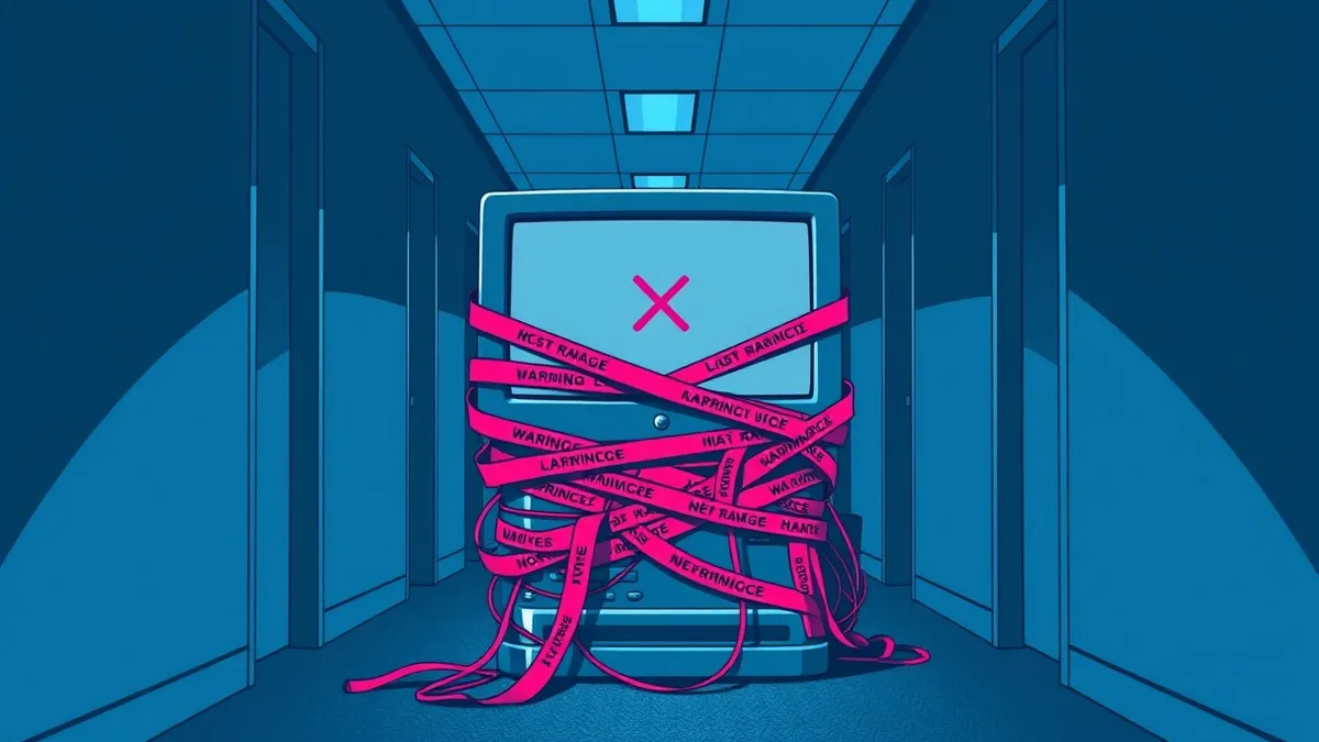 Illustration: A sleek office login terminal sits abandoned in a dim hallway, its screen displaying a single red X over a blank grey rectangle.