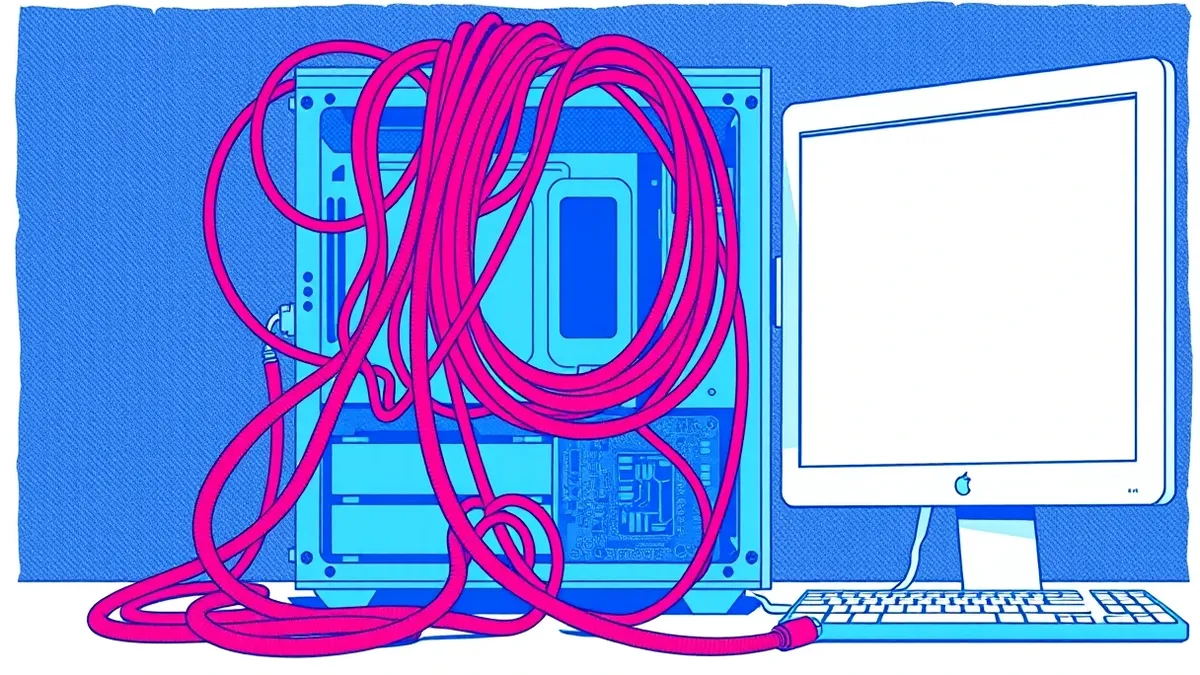 Illustration: A tangled mess of thick red cables snakes through the back of an open desktop computer tower, bypassing the firewall icon on a blank monitor screen to connect directl