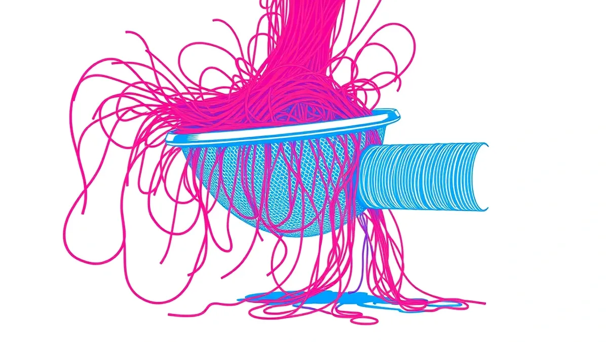 Illustration: A tangled nest of chaotic red strings representing raw input crashes into a sleek, metallic sieve.