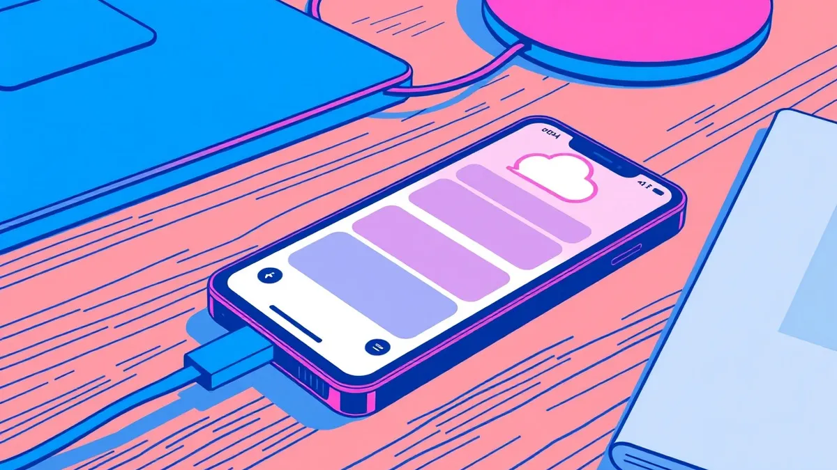 Illustration: A smartphone lies on a wooden desk next to a charging cable.