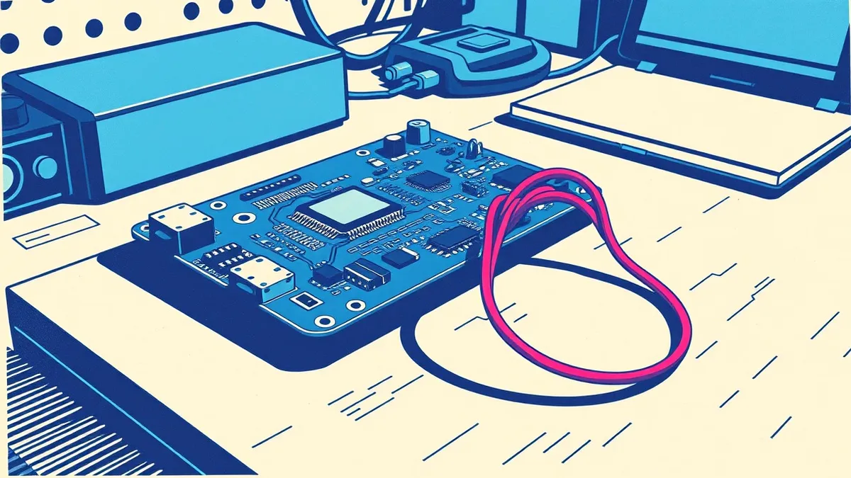 Illustration: A complex circuit board rests on a workbench, its tiny chips connected by a single, frayed wire that snakes away into the shadows.