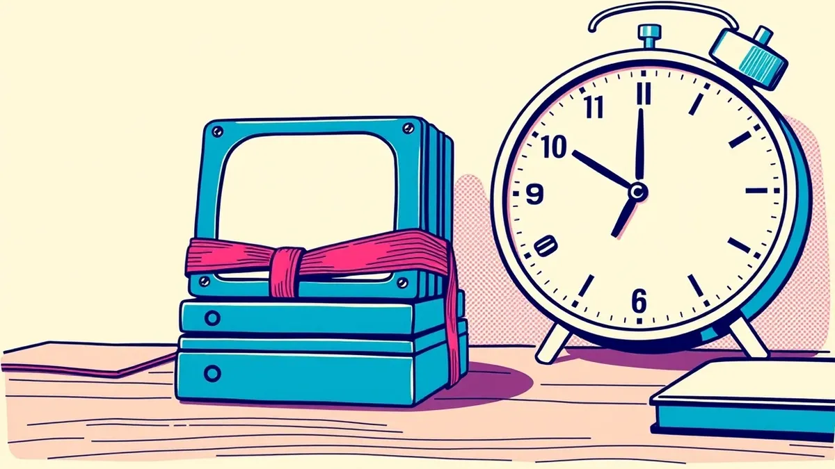 Illustration: A neat stack of external hard drives sits on a wooden desk next to a wall clock with its hands frozen at a specific time.