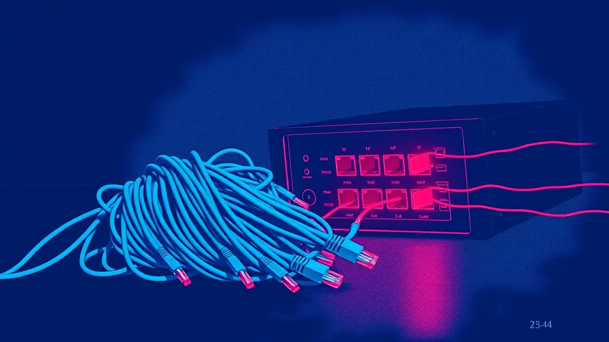Illustration: A tangled knot of ethernet cables rests on a dark fiber optic spool, with a sleek black firewall appliance nearby.