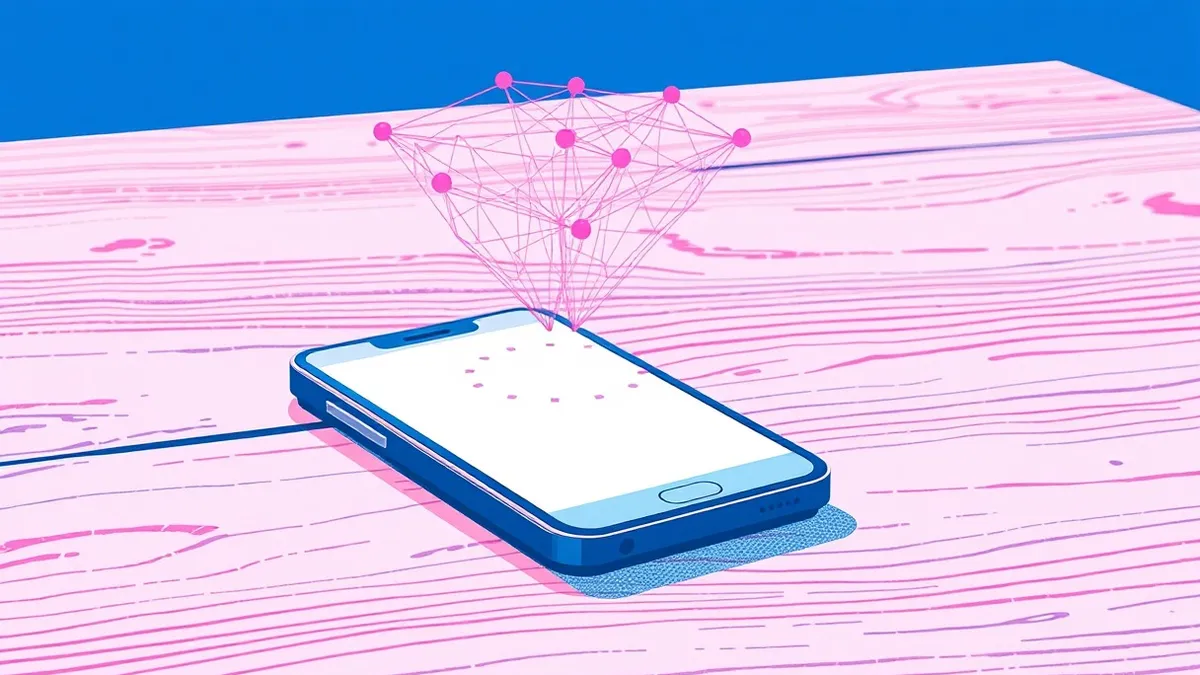 Illustration: A smartphone lies flat on a wooden table with a translucent, intricate web of abstract geometric shapes hovering above its blank screen.