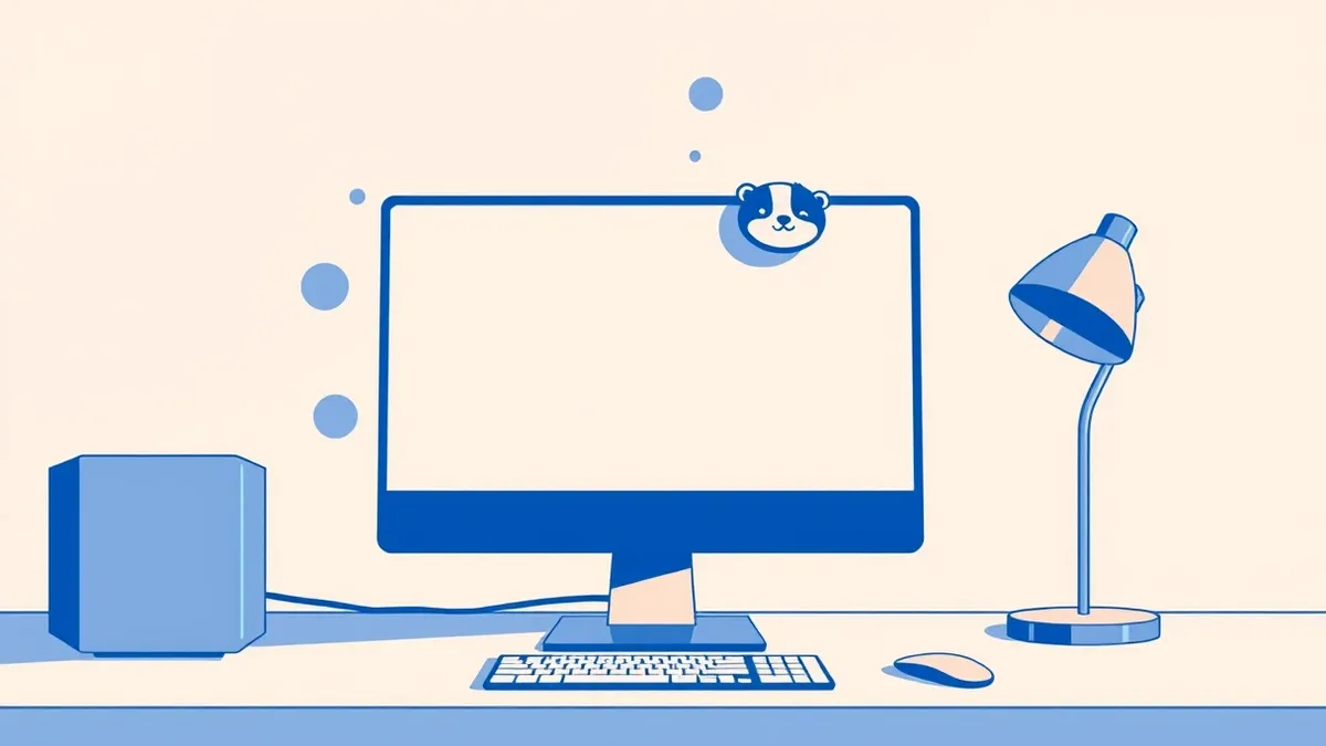 Illustration: A sleek desktop computer sits on a minimalist desk, displaying a browser window with a small, friendly badger icon resting quietly in the top right corner.