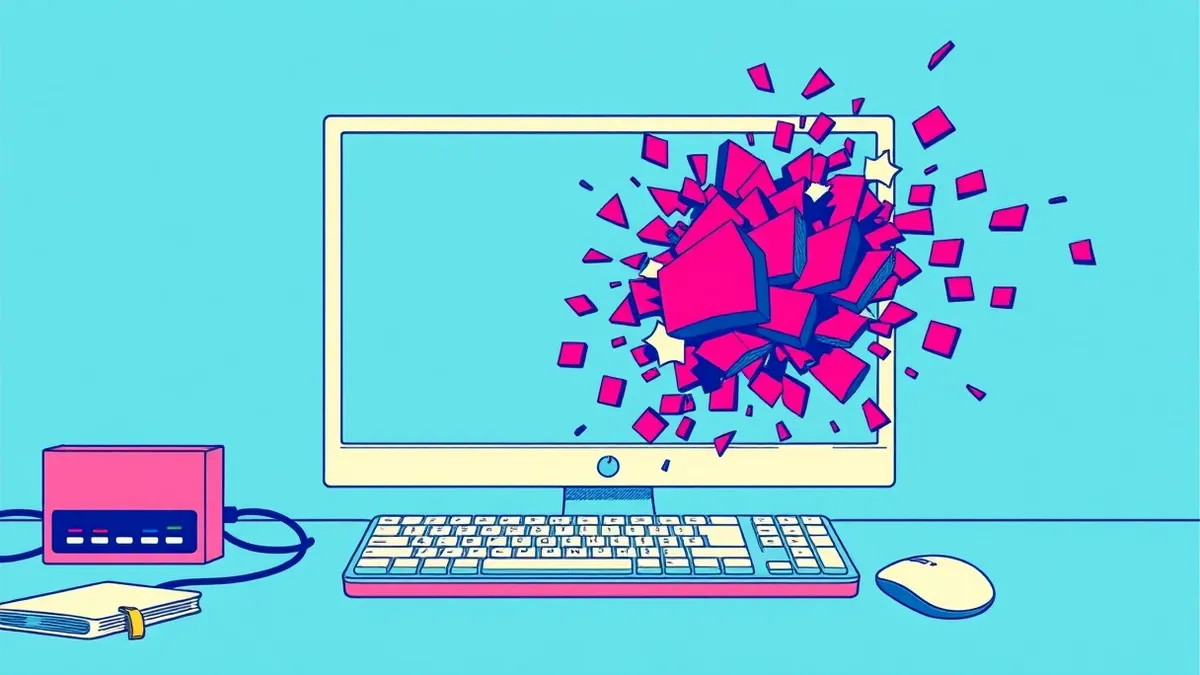 Illustration: A computer keyboard spills a chaotic cascade of distorted, jagged geometric shapes onto a blank monitor screen.
