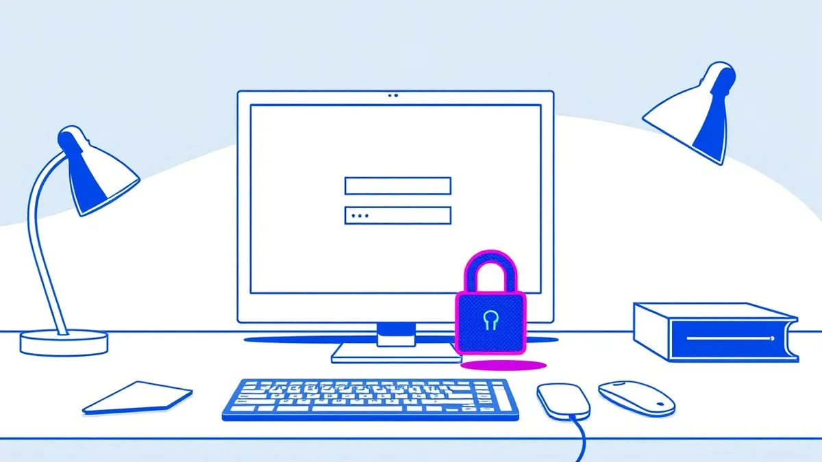 Illustration: A blank web browser window sits on a clean white desk, displaying an abstract login form with empty fields.