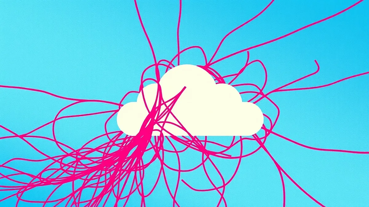 Illustration: A sleek white cloud icon floats above a tangle of red, jagged lines that resemble a tangled spider web.