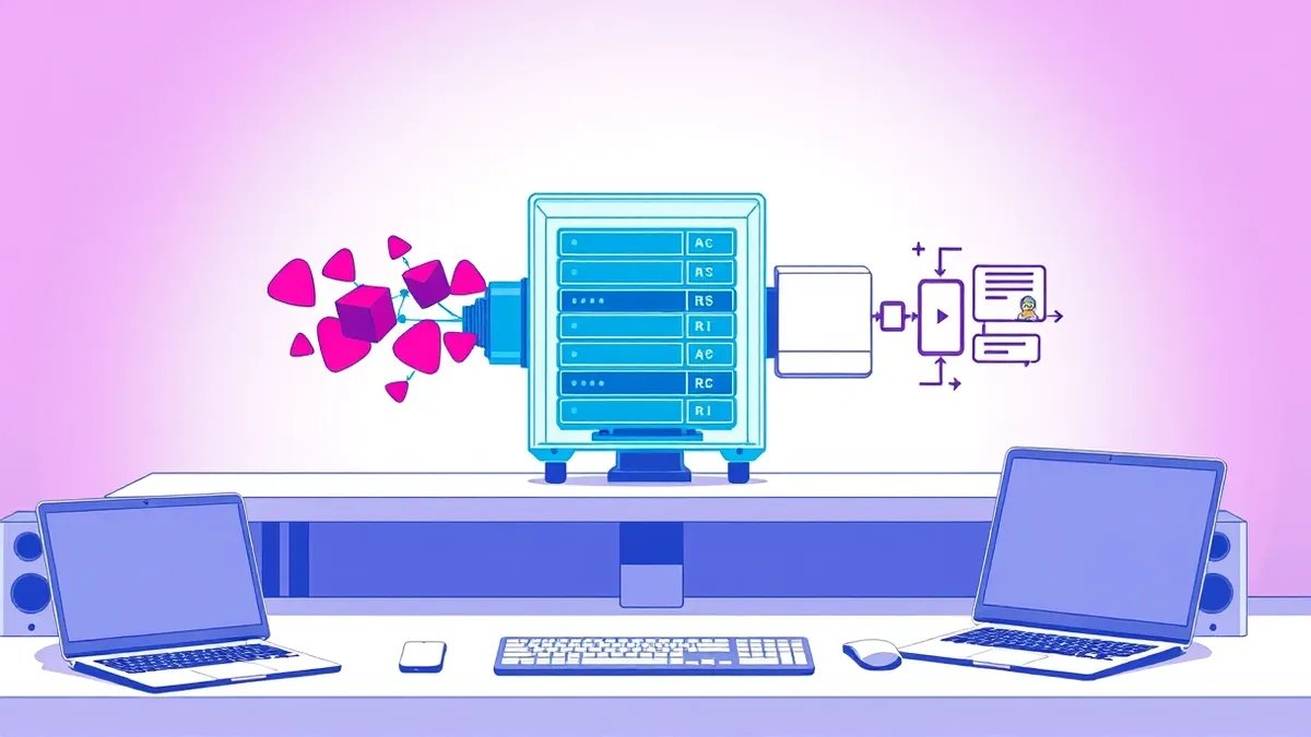 Illustration: A transparent database engine sits on a clean desk, processing two distinct streams of input.