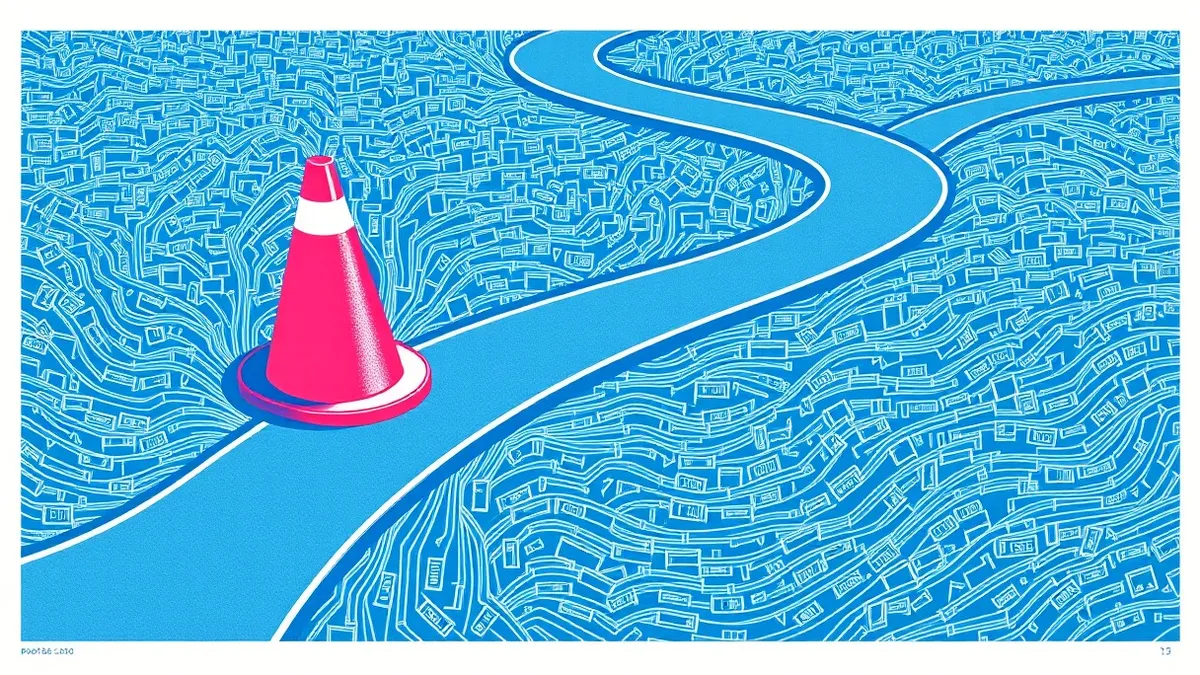 Illustration: A thick red traffic cone sits squarely on a winding digital road, blocking a dense stream of grey data packets.
