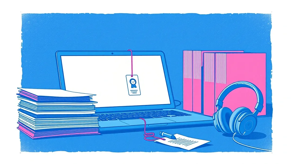 Illustration: A dimly lit office desk holds a closed laptop next to a stack of blank manila folders and a pair of headphones.