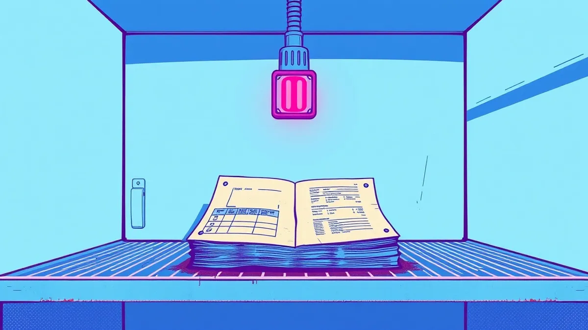 Illustration: A thick, dusty ledger sits closed on a sterile metal shelf, gathering grime while a single red alert light blinks rhythmically above it, ignored by the empty room.