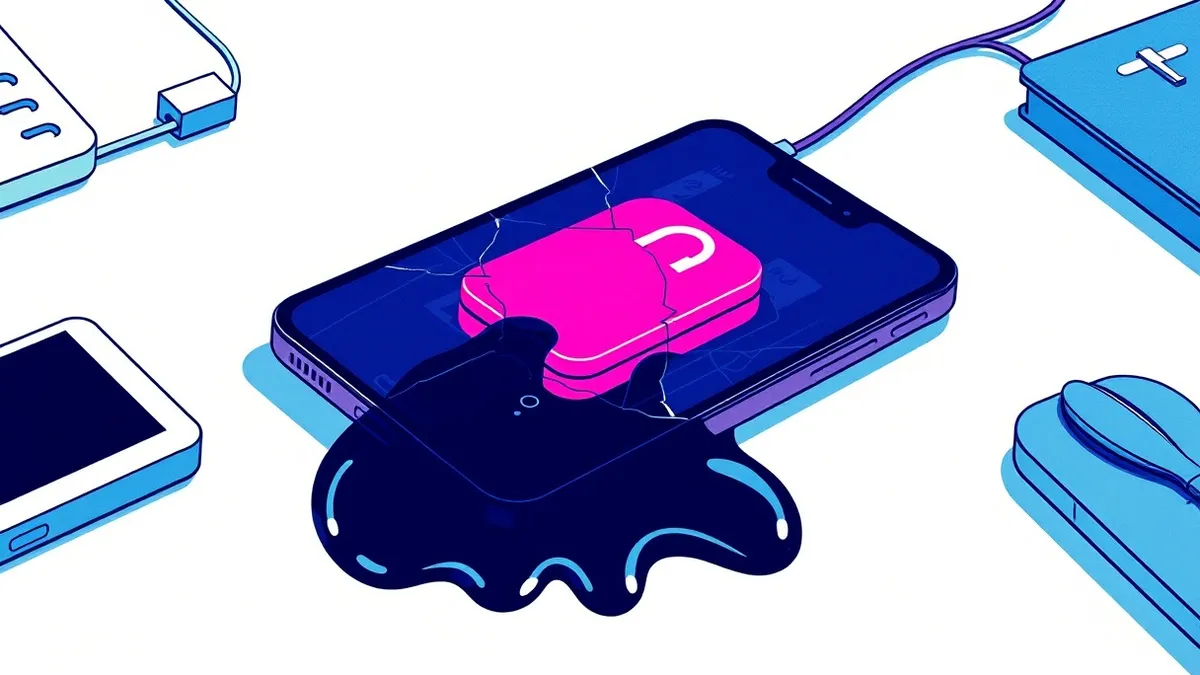 Illustration: A cracked smartphone screen reveals a translucent, corrupted app icon leaking black tar-like droplets onto a sterile white desk surface.